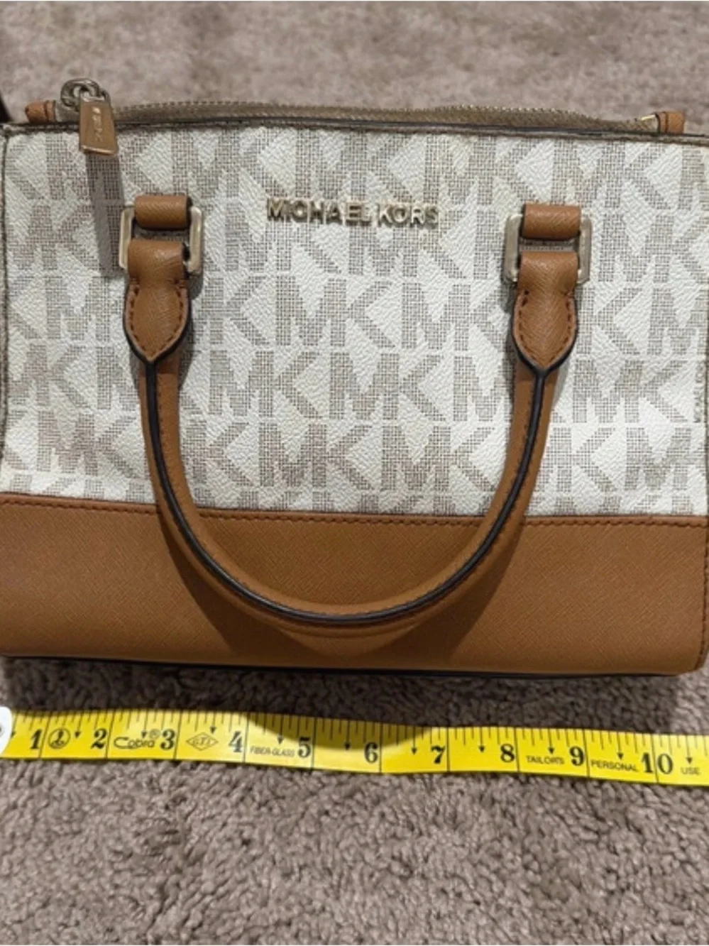 Michael Kors Cream Logo Canvas Satchel with Brown Trim